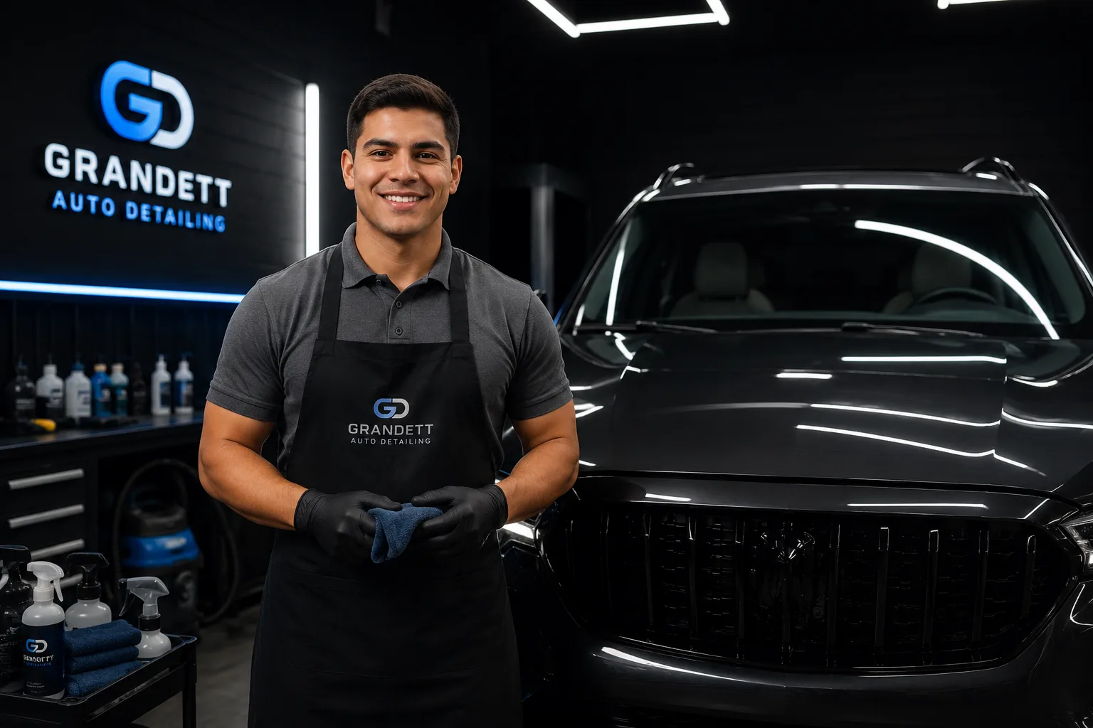 Marlon, founder of Grandett Auto Detailing, in Grandett work clothing beside a dark premium SUV in a professional detailing bay