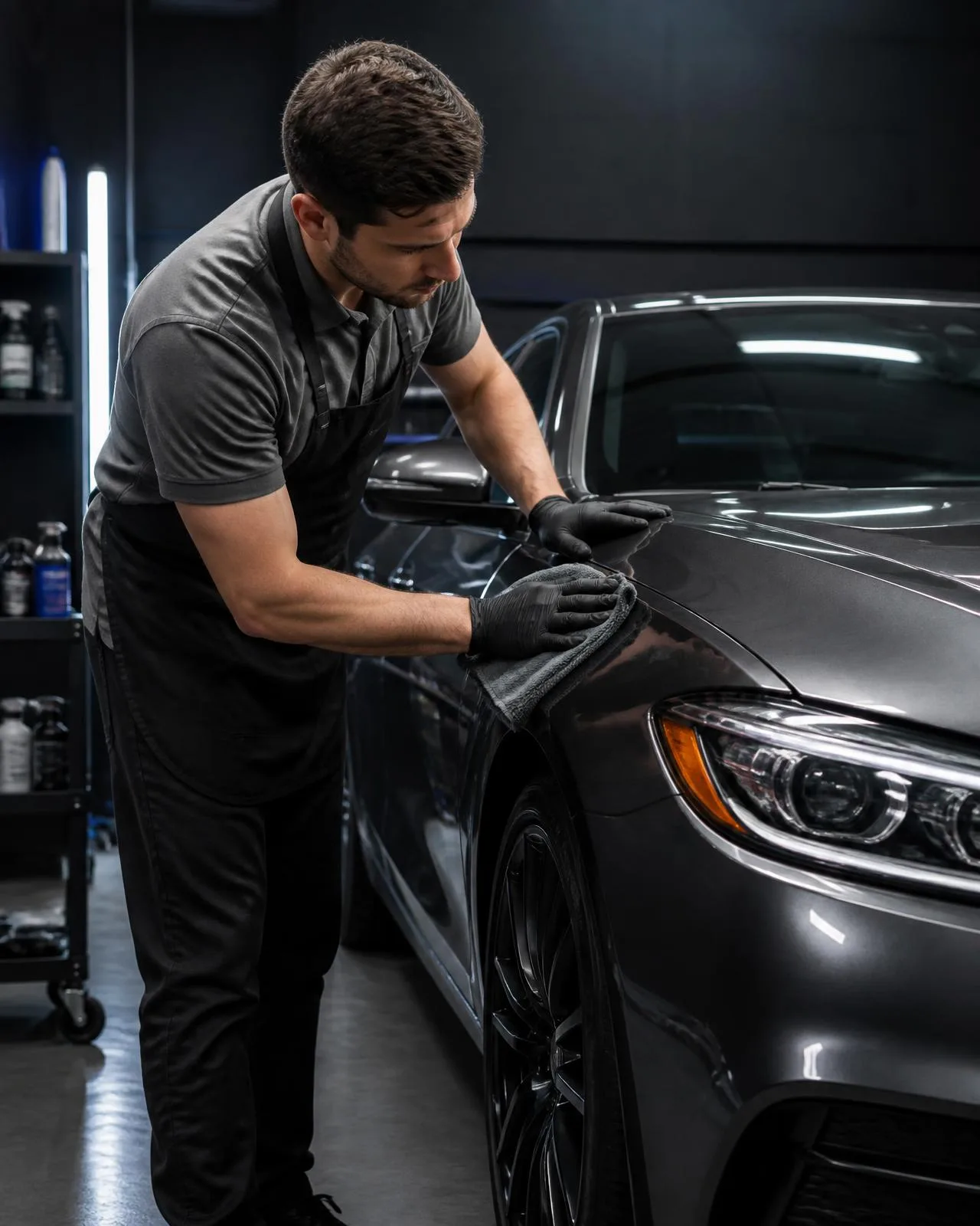 Detailer in a work apron and gloves wiping down the front quarter panel of a dark premium sedan