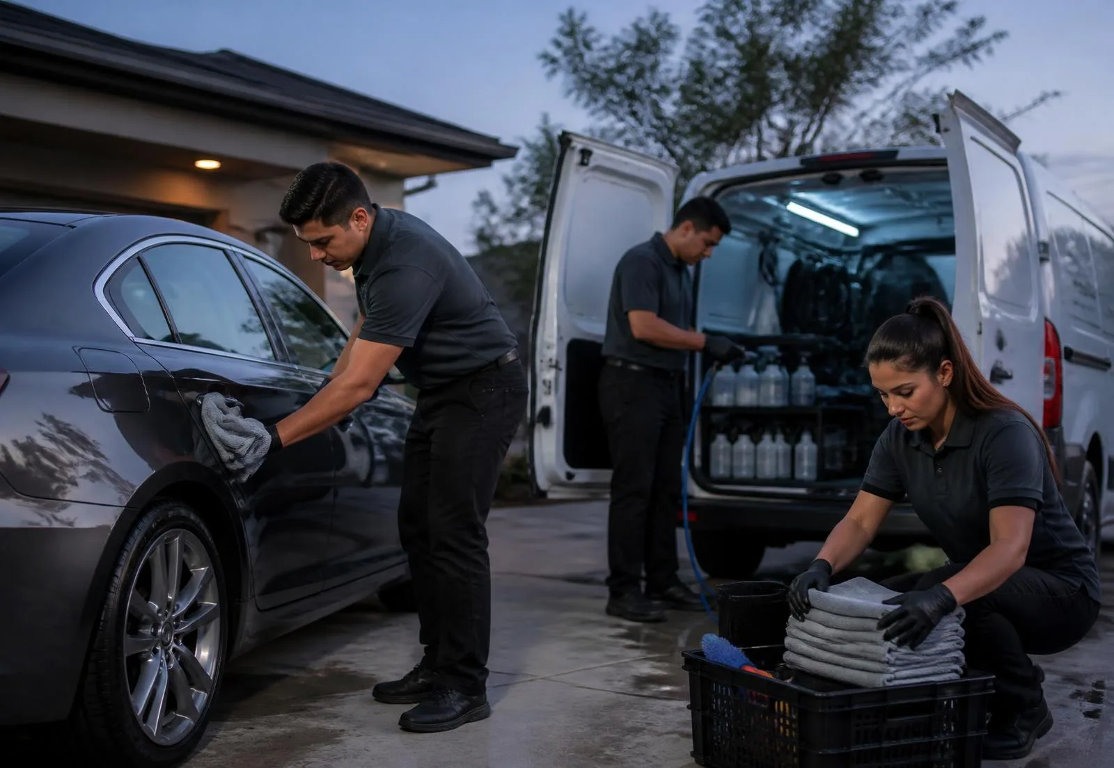 Three detailers working around a white mobile detailing van: one wiping a customer sedan, one preparing a hose at the van and one organizing microfiber towels