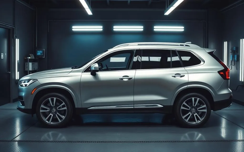 Clean silver SUV inside a professional detailing bay