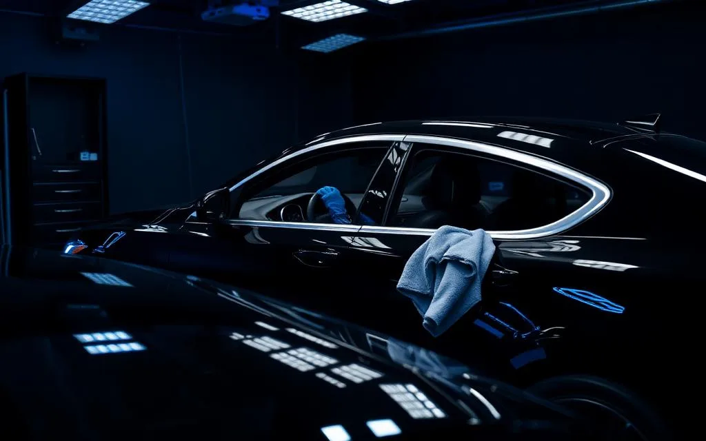 Dark sedan being detailed inside a professional studio
