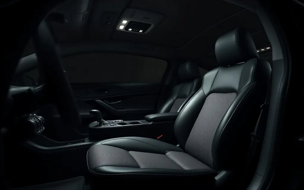 Detailed vehicle interior with clean seats, carpet and center console