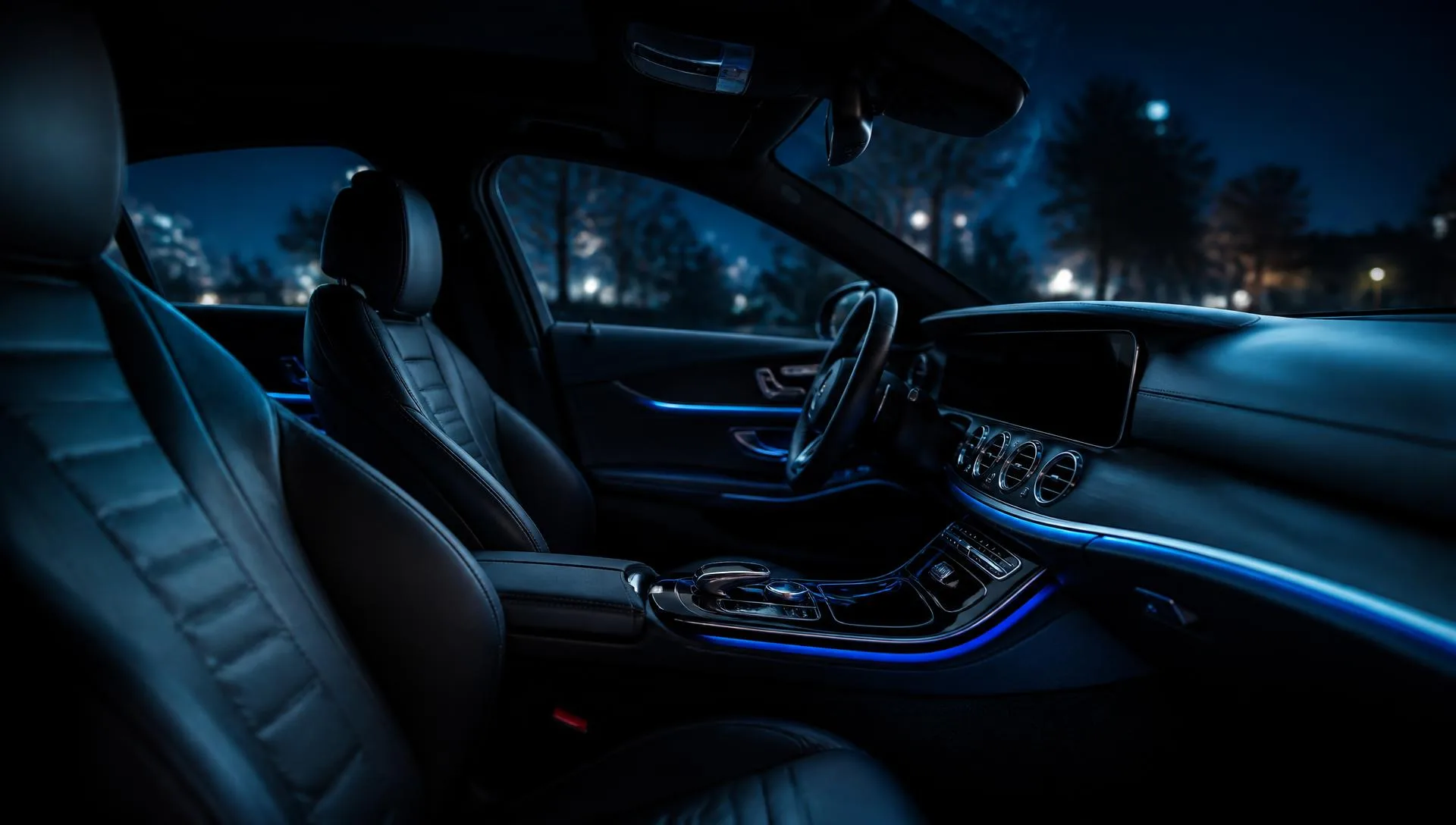 Wide cinematic view of a clean dark car cabin with blue ambient lighting