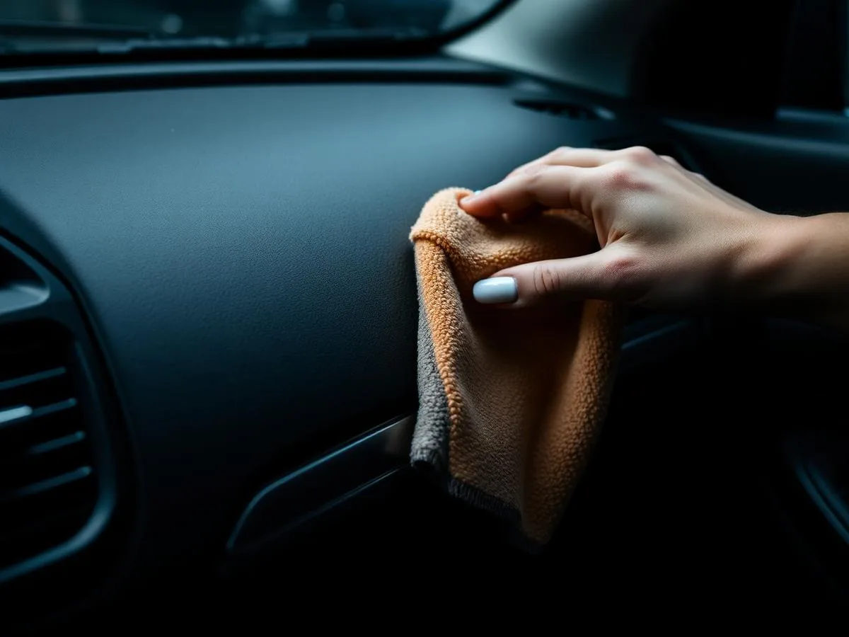 Dashboard and centre console being detailed with a microfibre towel
