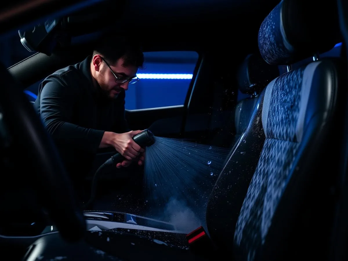 Vehicle seat upholstery being cleaned during an interior detail