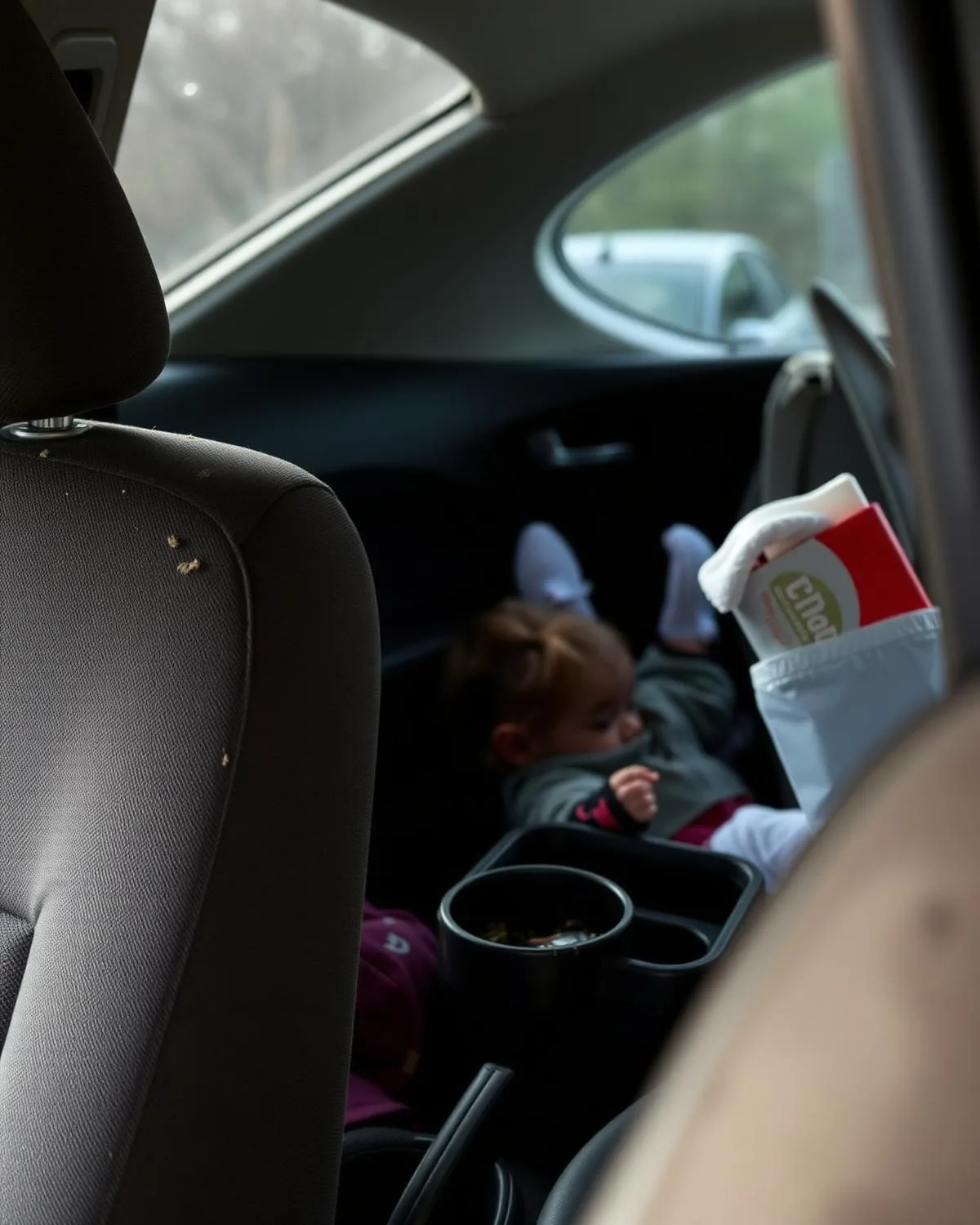 Everyday family vehicle interior showing crumbs and typical daily-driver buildup