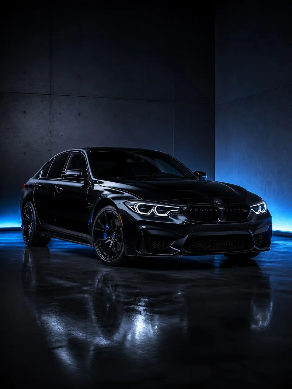 Glossy black luxury sedan detailed and lit by blue studio lighting