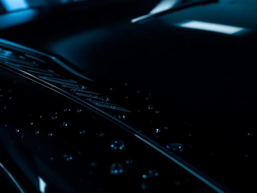 Glossy freshly waxed dark car paint with water beading