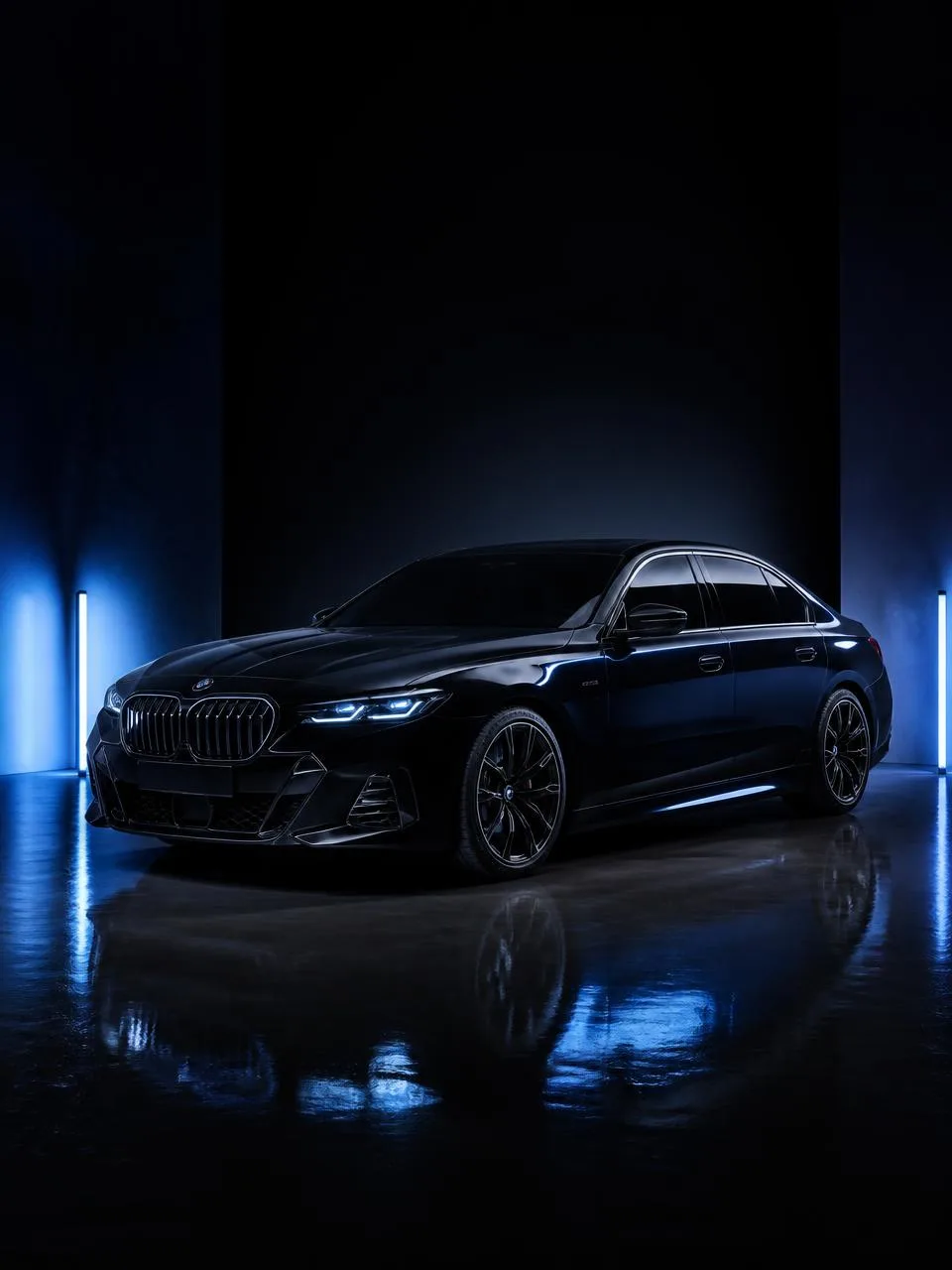 Dark detailed vehicle standing in a studio with blue lighting