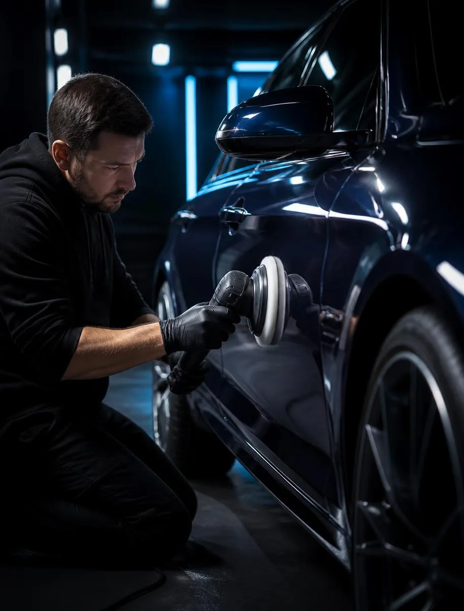 Close detail work on a dark vehicle panel under blue studio lighting